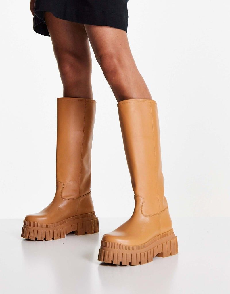 Asos Design Counter Premium Leather Chunky Pull On Boots In Camel — view 1 of 4