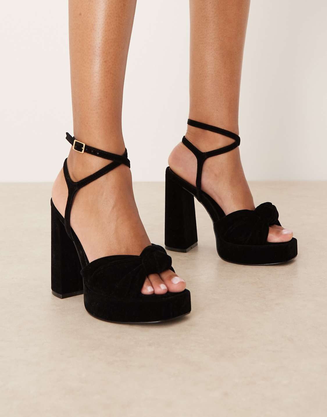 ASOS DESIGN Nutshell knotted platform block heeled sandals in black velvet — view 1 of 4