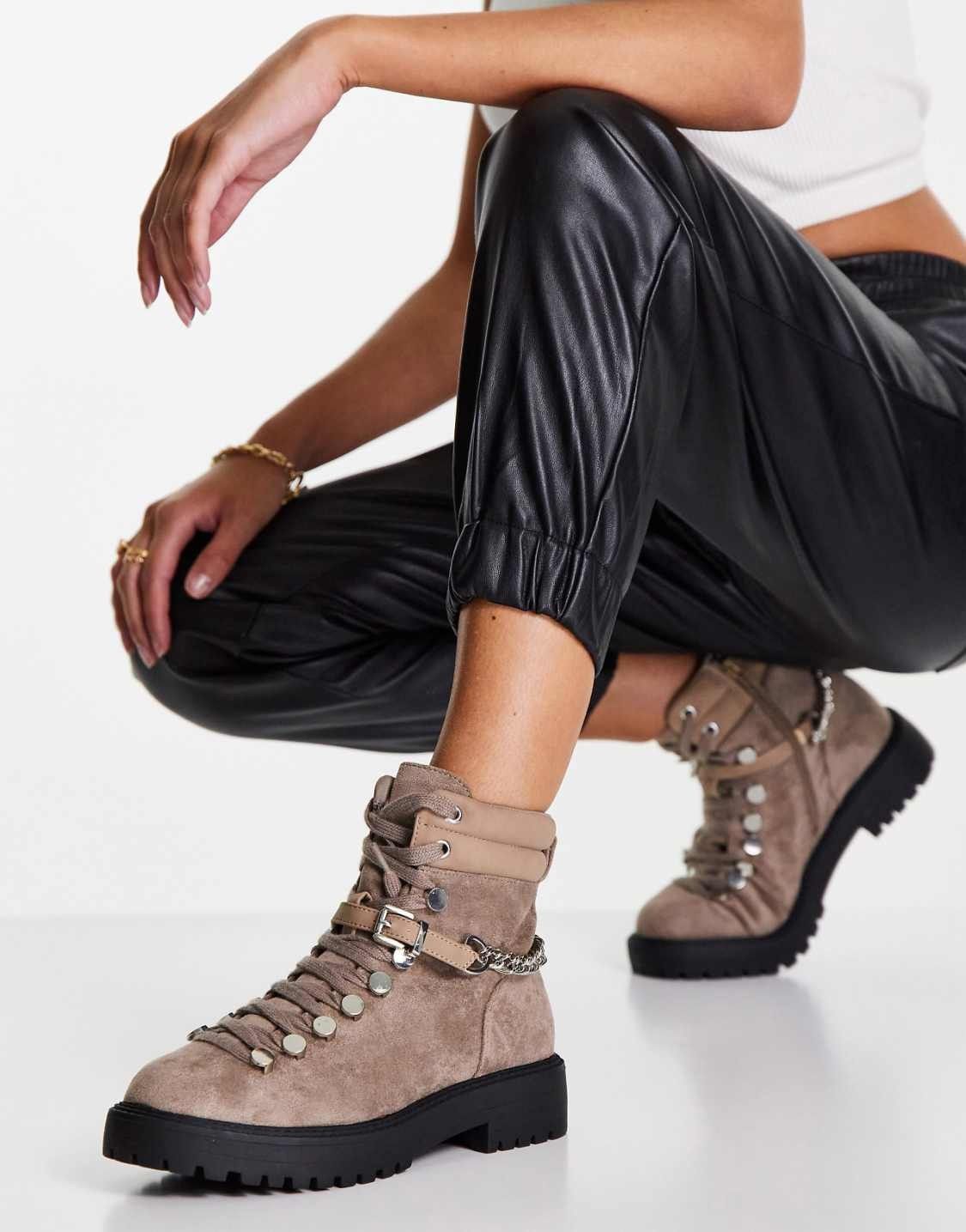 ASOS DESIGN Arabelle chain trim hiker boots in taupe — view 1 of 4