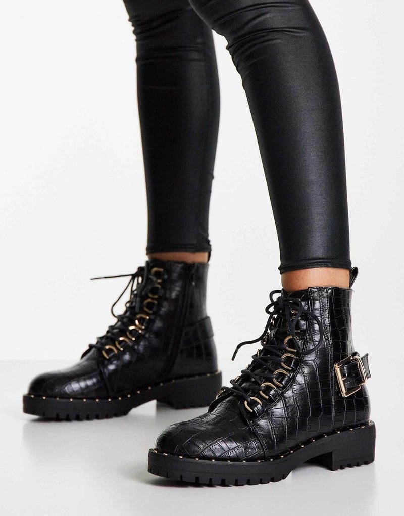 Asos Design Aura Lace Up Hiker Boots In Black Croc — view 1 of 4