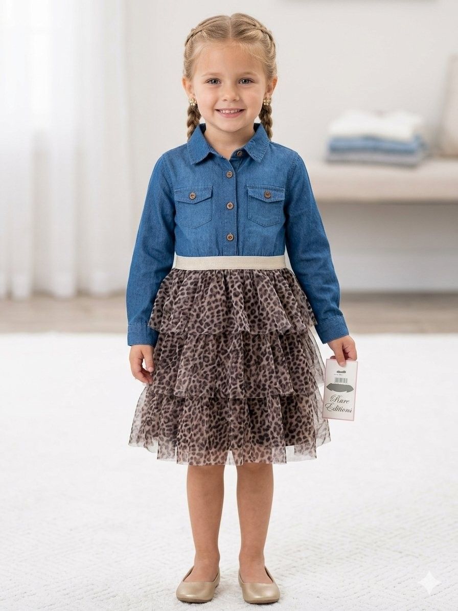 Rare Editions Little & Big Girls Long-Sleeve Denim Bodice and Tiered Leopard Tulle Tutu Dress — view 1 of 2