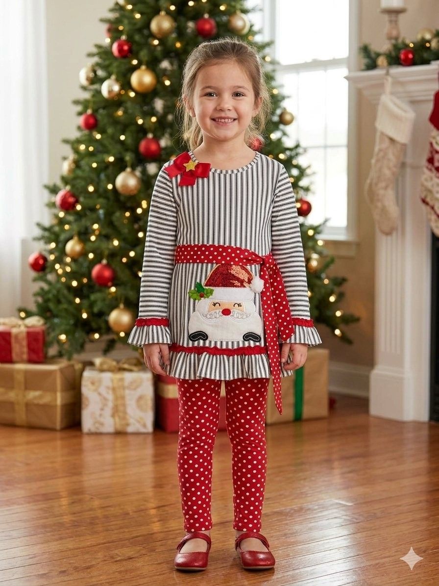 Rare Editions Little Girl Christmas Santa Applique Striped Top & Polka Dot Leggings Set — view 1 of 2