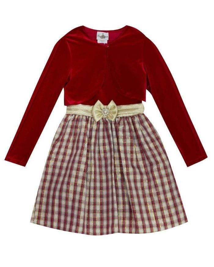 Rare Editions Girls Holiday Red Velvet and Gold Plaid Long Sleeve maxi dress — view 1 of 3