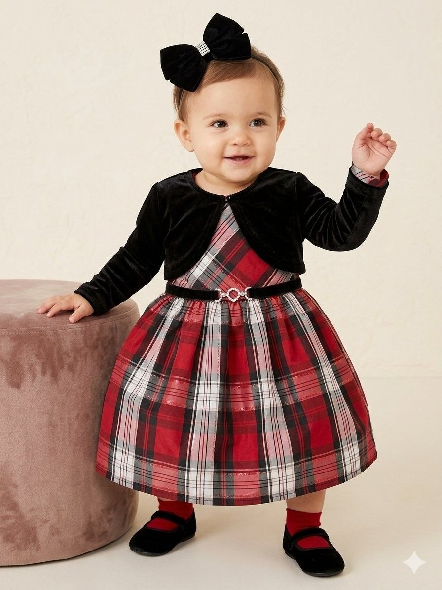 Rare Editions Kid Girls Plaid Dress With Velvet Bolero Shrug — view 1 of 3