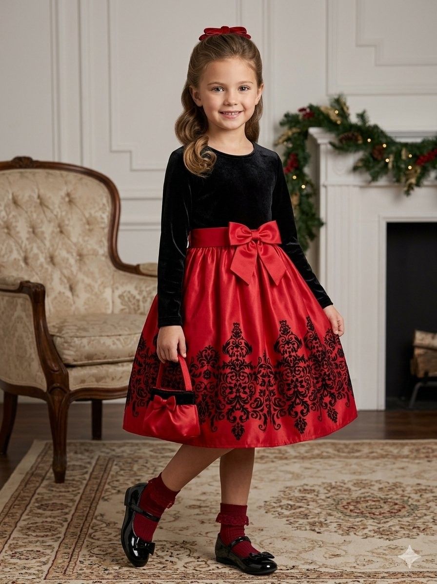 Rare Editions Girls Black Velvet and Flocked Satin Holiday Party Dress — view 1 of 2