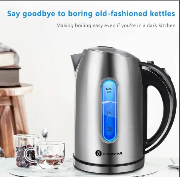 Aigostar 1.7L Electric Kettle Stainless Steel, Auto, LED Light, Inner Tea Filter — view 1 of 7
