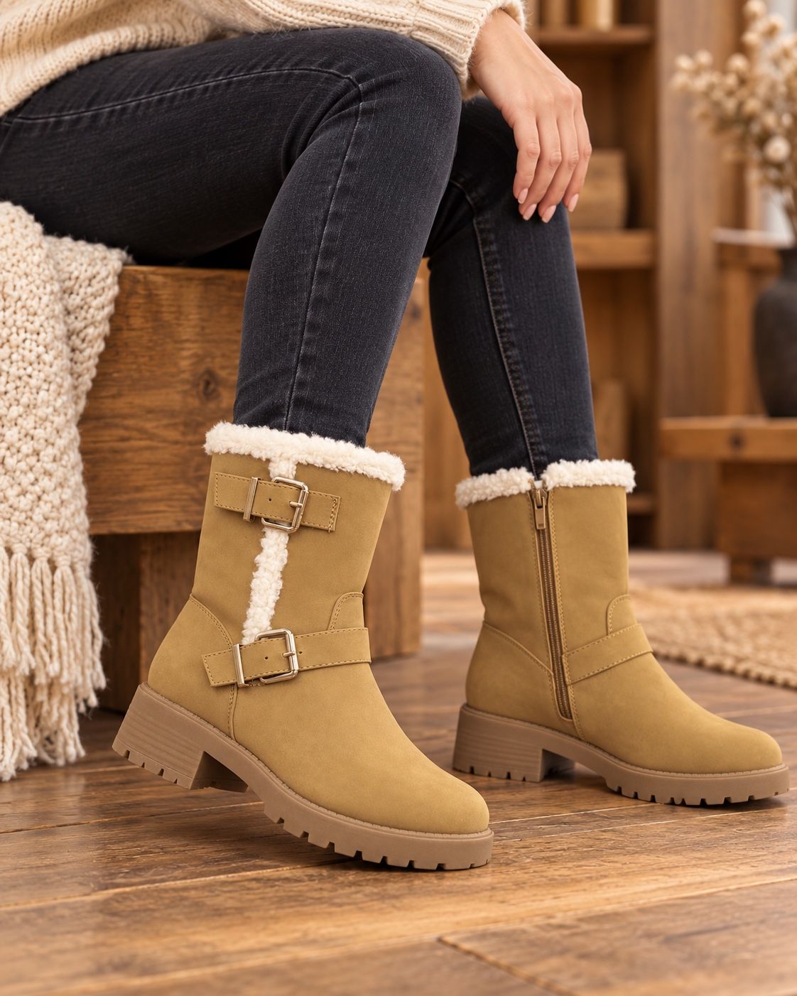 ASOS Women’s Tan Faux Fur Trim Buckle Boots — view 1 of 2
