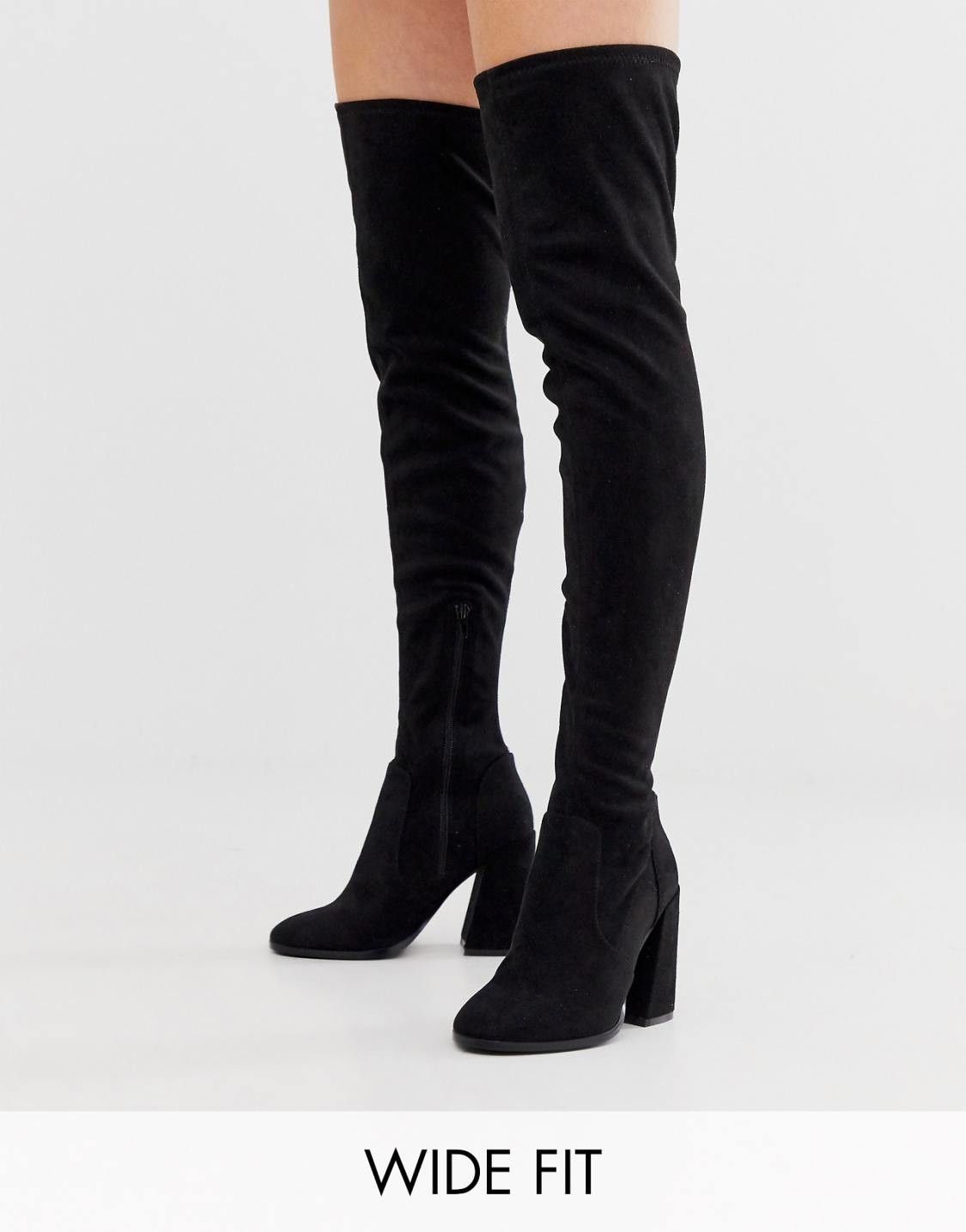 ASOS DESIGN Wide Fit Wide Leg Korey heeled thigh high boots in black — view 1 of 4