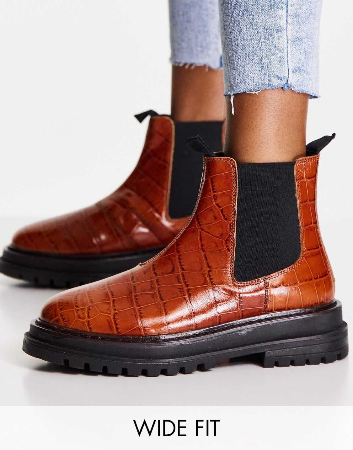 ASOS DESIGN Wide Fit Appreciate leather chelsea boots in tan croc — view 1 of 4
