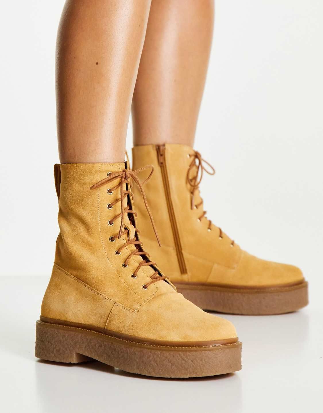 ASOS DESIGN Acolade premium suede flat lace up boots in sand — view 1 of 4