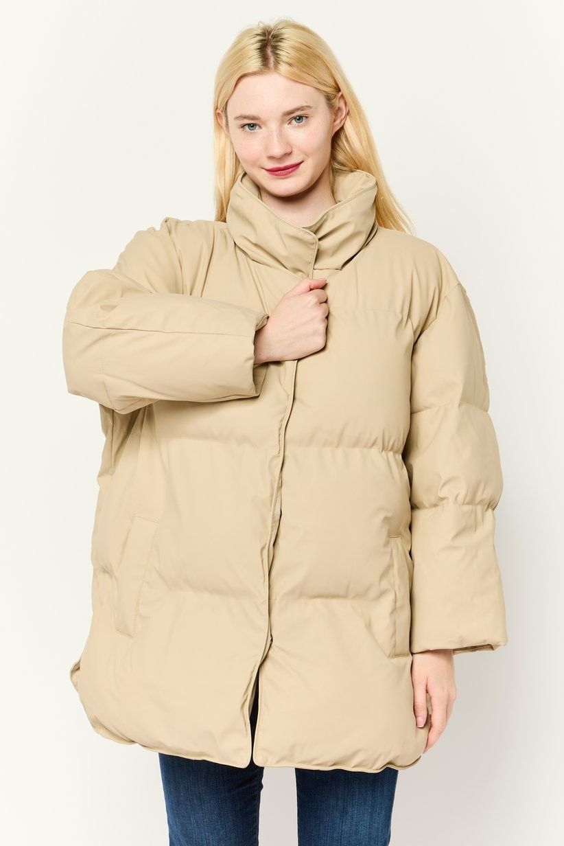 Asos Design Women Petite Plain Puffer Jacket, Beige — view 1 of 4