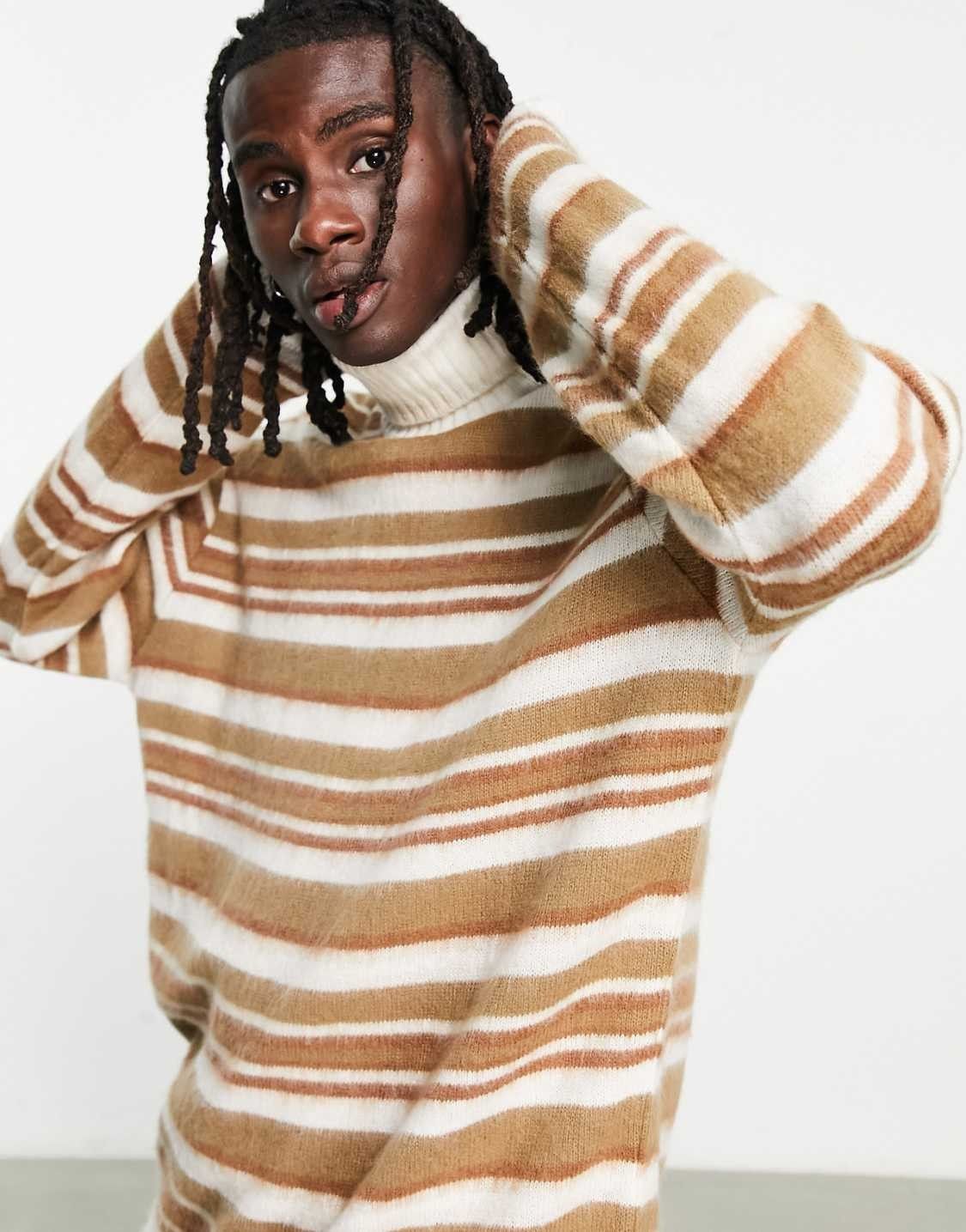 Topman - Striped brushed knit turtleneck sweater - Brown — view 1 of 4