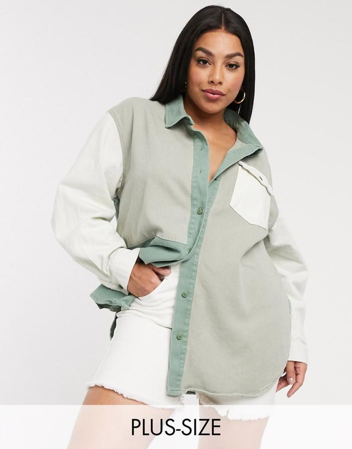 قميص جينز واسع مقاسات كبيرة من Missguided – أخضر مريمي وكاكي وأبيض عاجي, photo 2