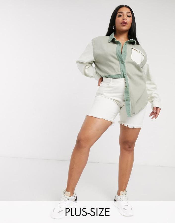 قميص جينز واسع مقاسات كبيرة من Missguided – أخضر مريمي وكاكي وأبيض عاجي, photo 3