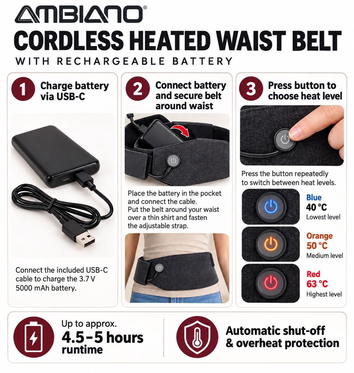 Ambiano Cordless Heated Waist Belt with Rechargeable Battery, photo 3