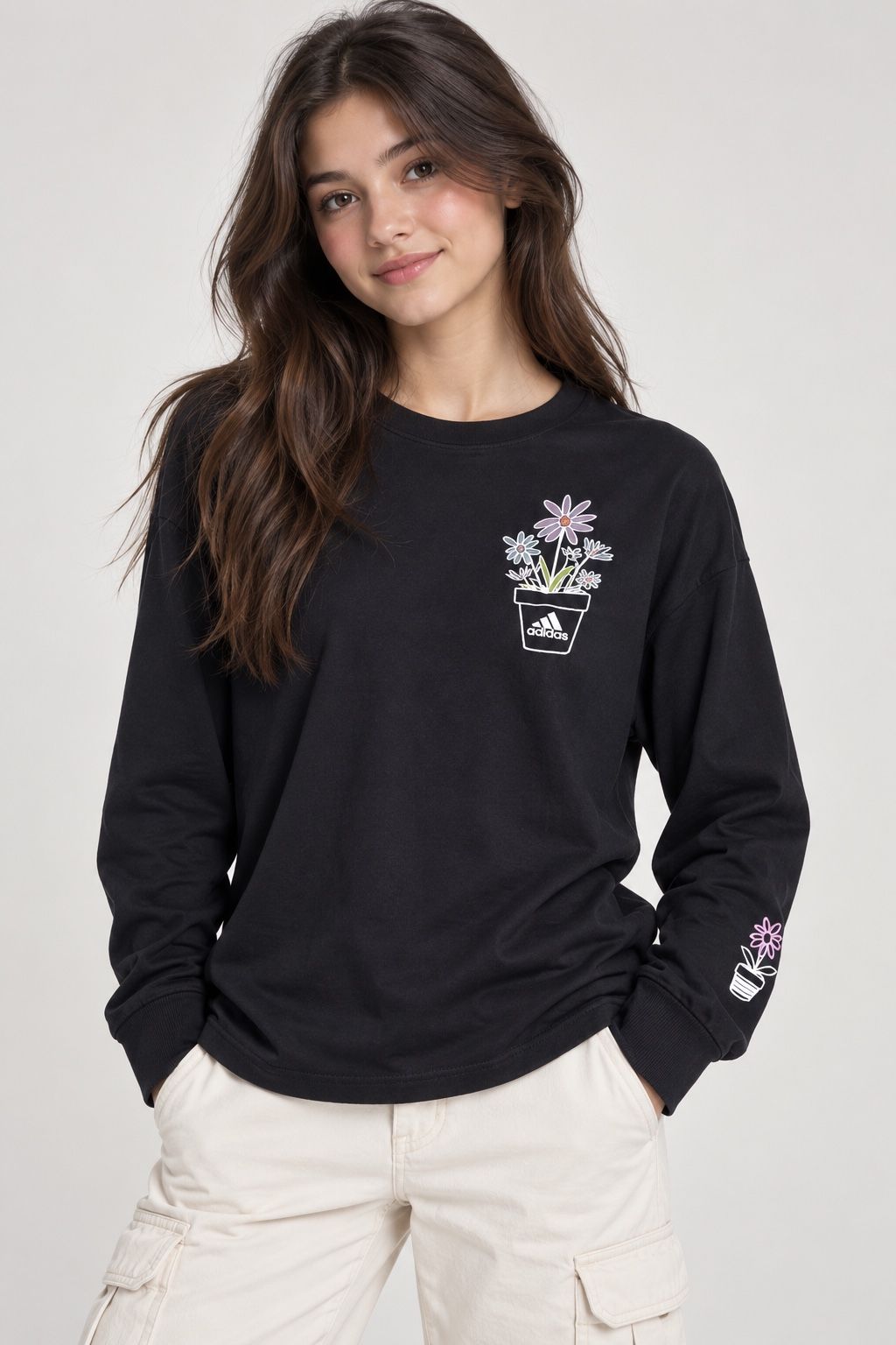 Adidas Black Floral Graphic Long-Sleeve T-Shirt