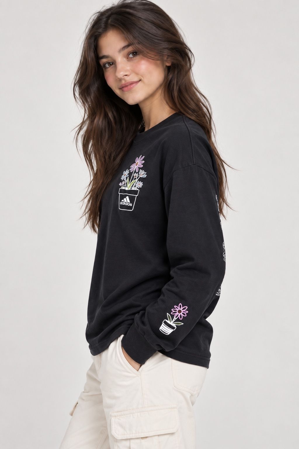 Adidas Black Floral Graphic Long-Sleeve T-Shirt, photo 3