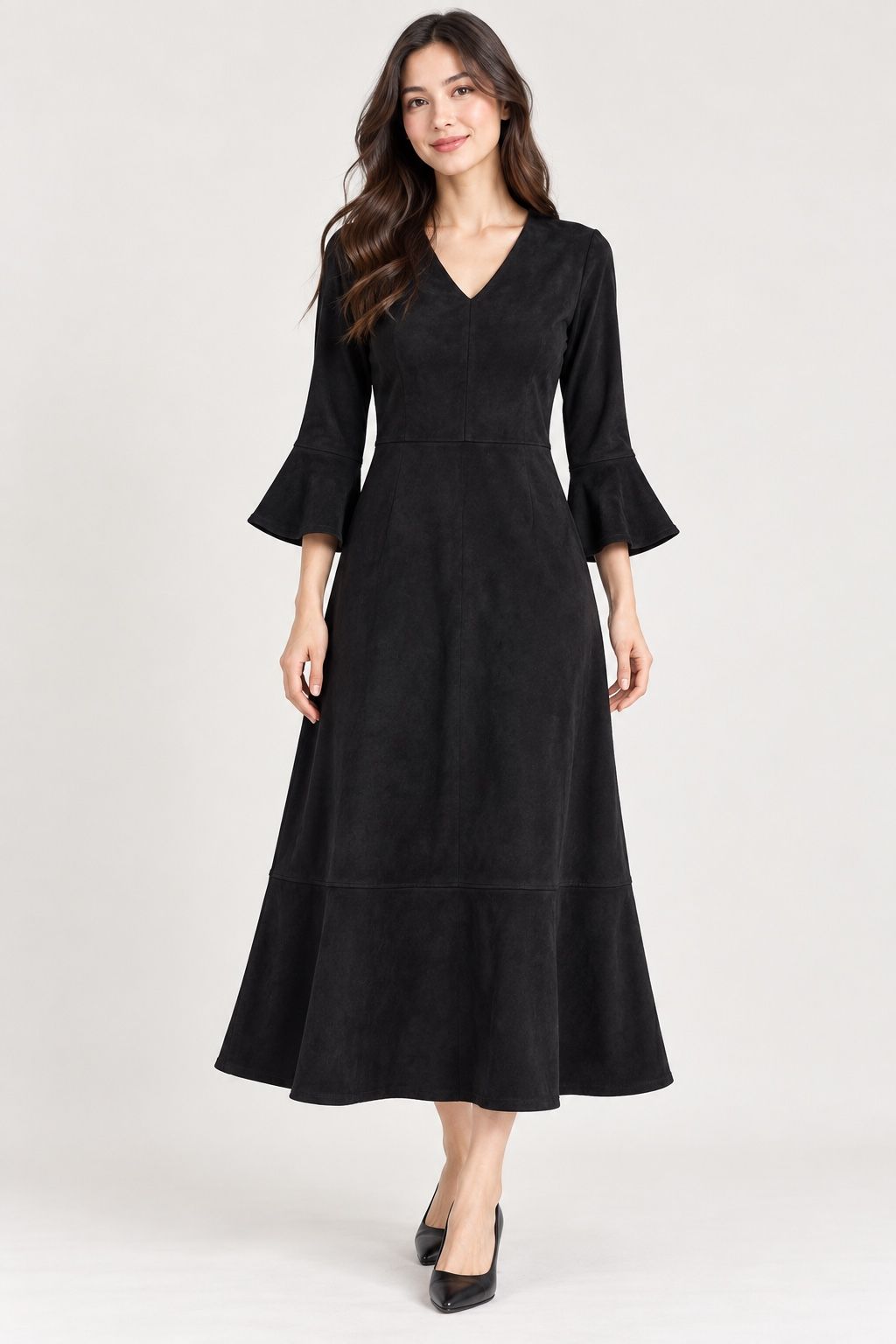 Zero Black V-Neck Bell Sleeve Midi Dress