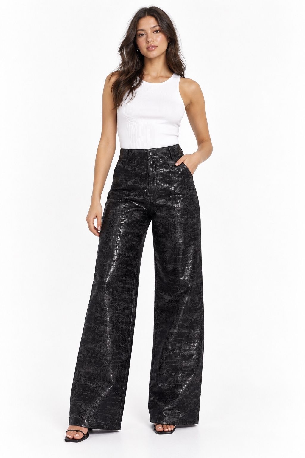 ASOS DESIGN Women’s Black Croc-Effect Wide-Leg Trousers