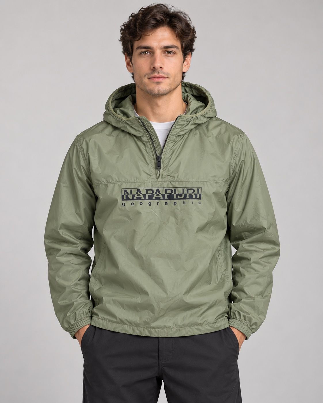 Napapijri Olive Green Hooded Half-Zip Anorak