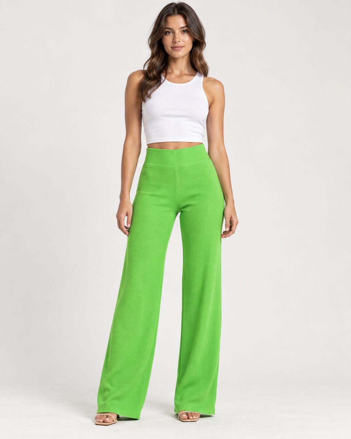 AsYou Lime Green Ribbed Wide-Leg Trousers
