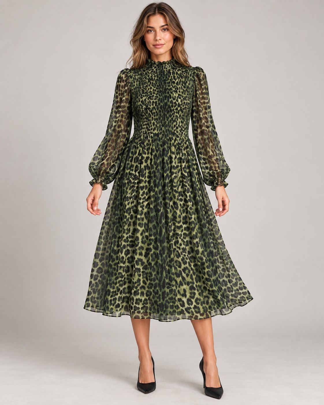 Envii Green Leopard Print Smocked Midi Dress