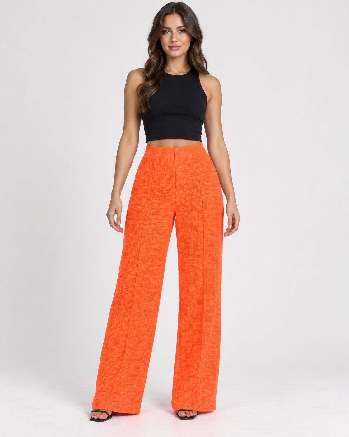 Missguided Petite Neon Orange Textured Wide-Leg Trousers