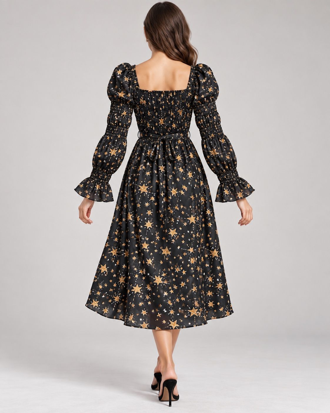 Violet Romance Black Star Print Puff-Sleeve Midi Dress, photo 2