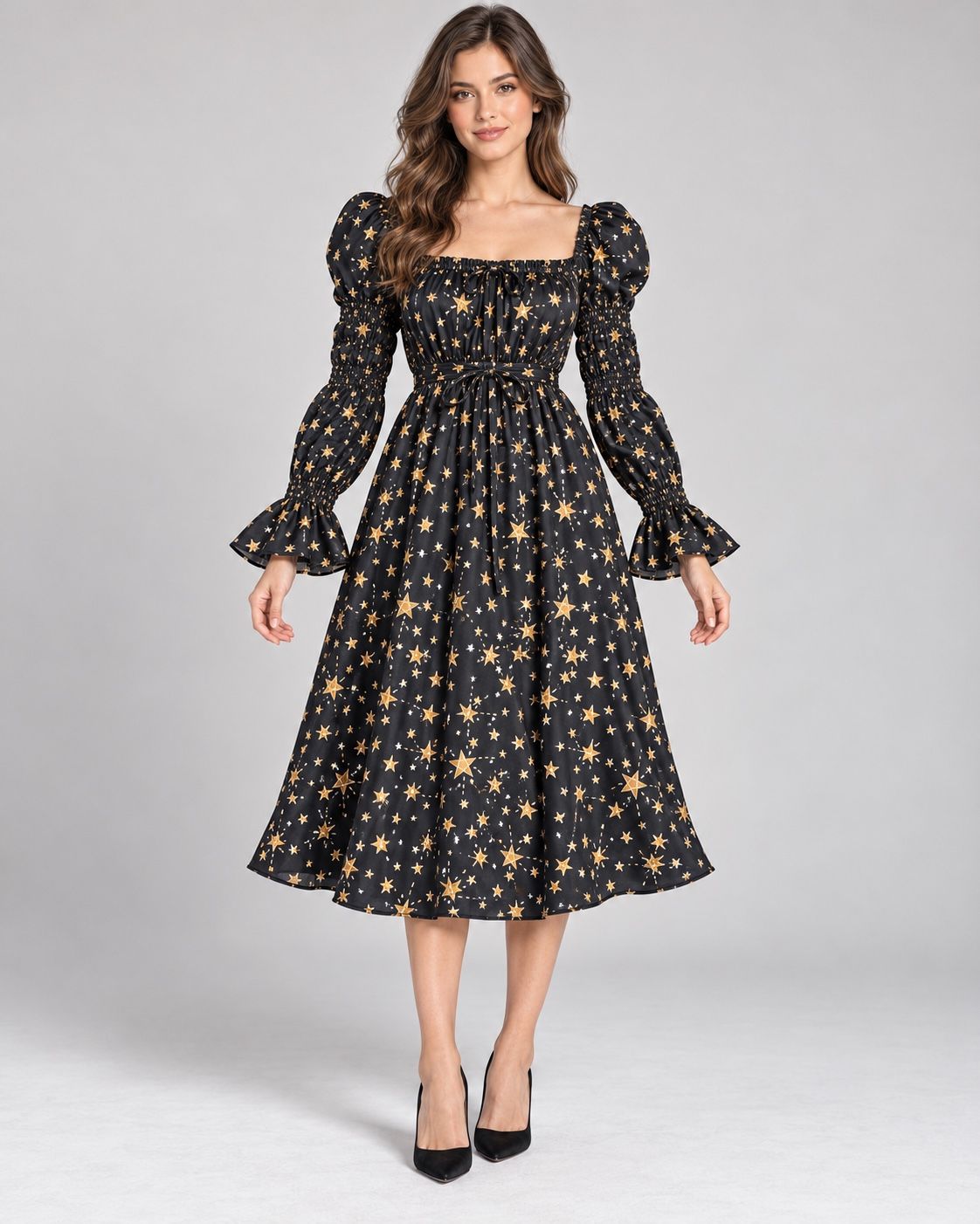 Violet Romance Black Star Print Puff-Sleeve Midi Dress