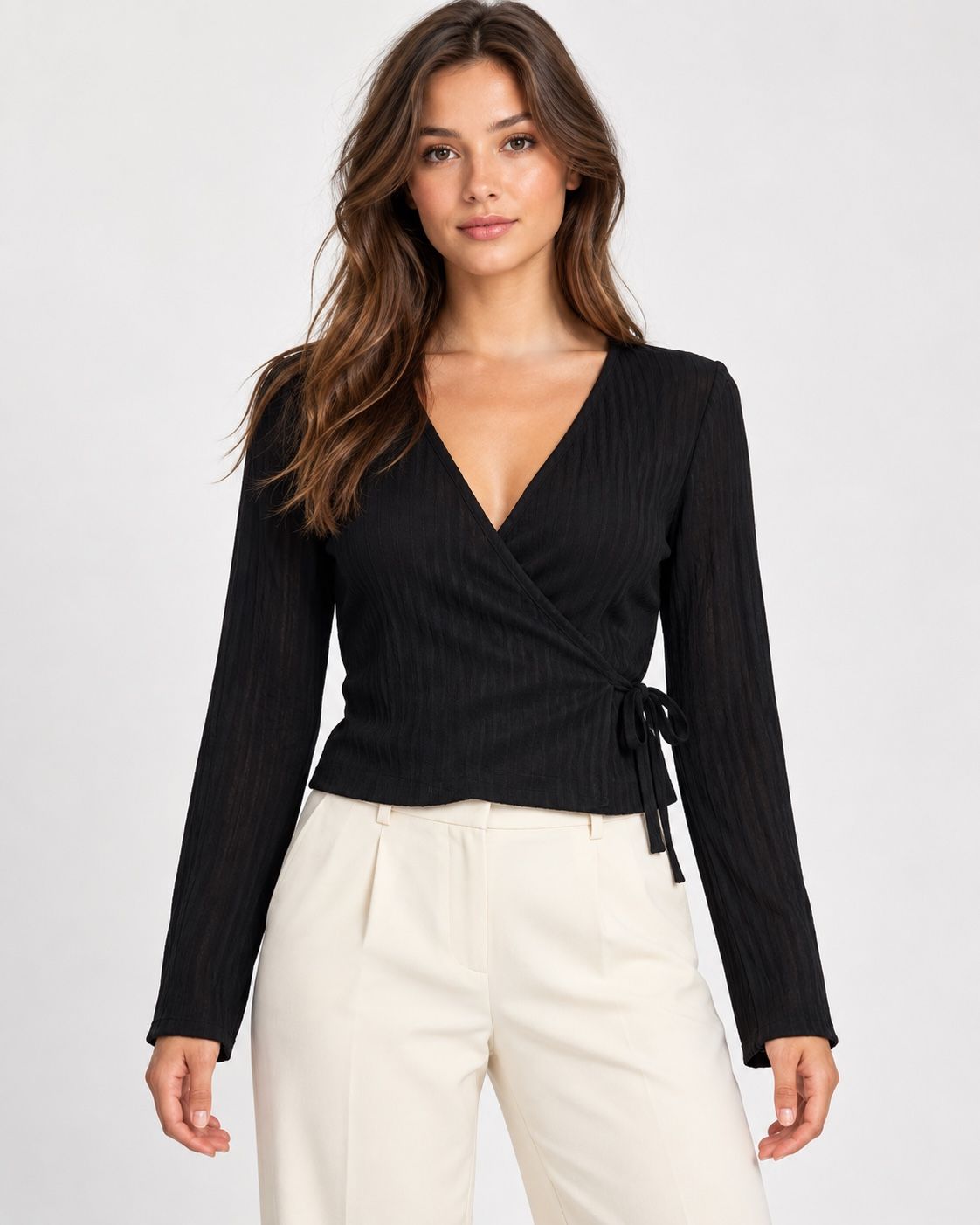 ONLY Emma Long Sleeve Tie-Wrap Top – Black