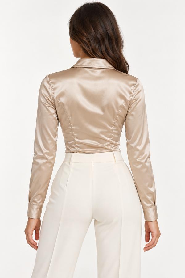 Rebellious Ruched Satin Shirt Bodysuit – Champagne & Ivory, photo 2