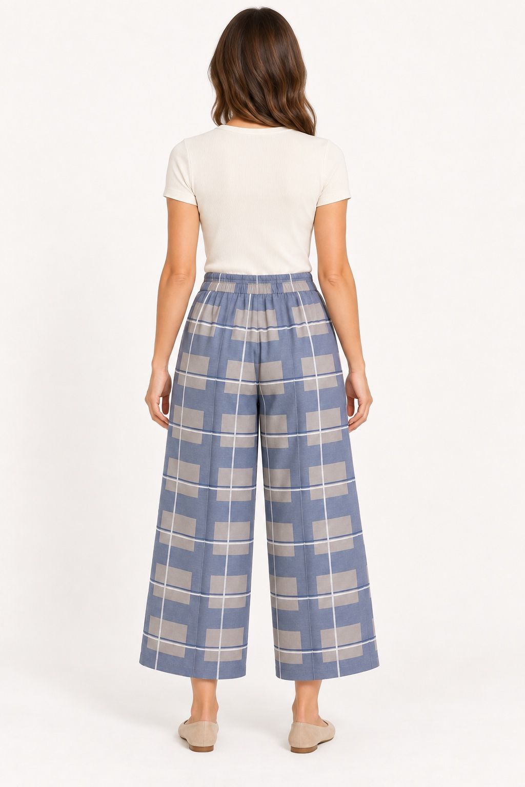 ICHI Geometric Print Wide-Leg Cropped Trousers – Blue, photo 2
