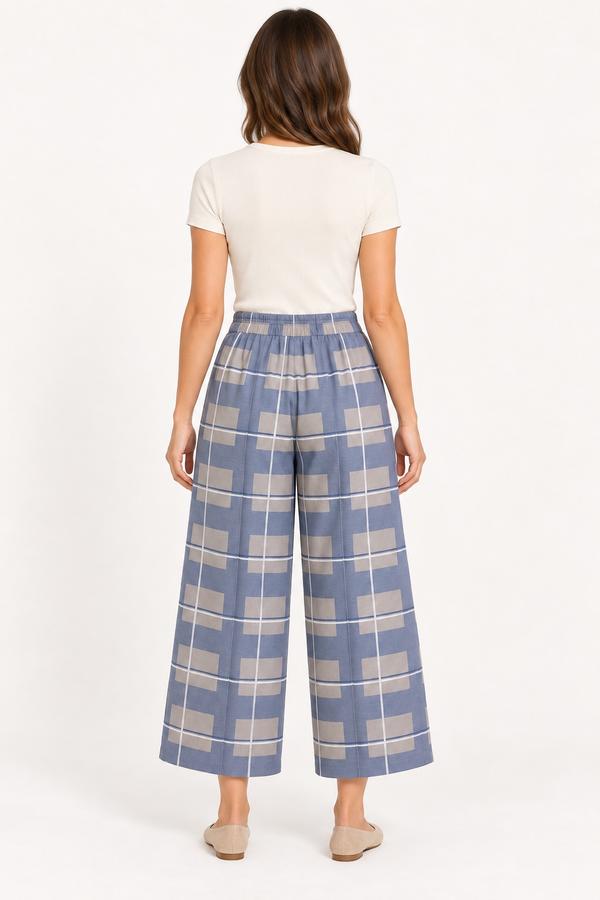 ICHI Geometric Print Wide-Leg Cropped Trousers – Blue, photo 2
