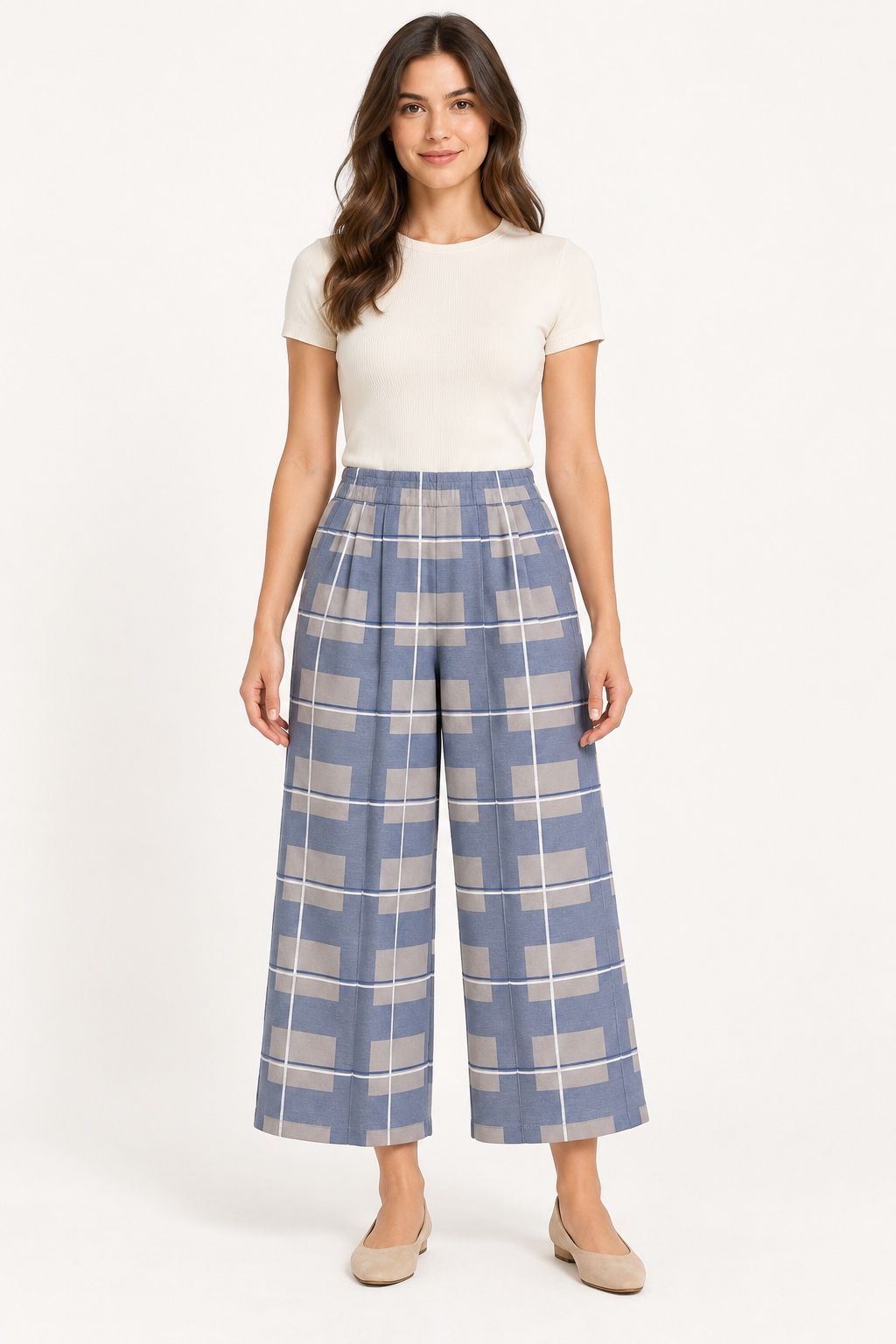 ICHI Geometric Print Wide-Leg Cropped Trousers – Blue