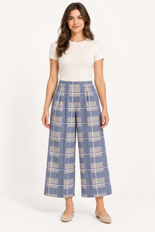 ICHI Geometric Print Wide-Leg Cropped Trousers – Blue