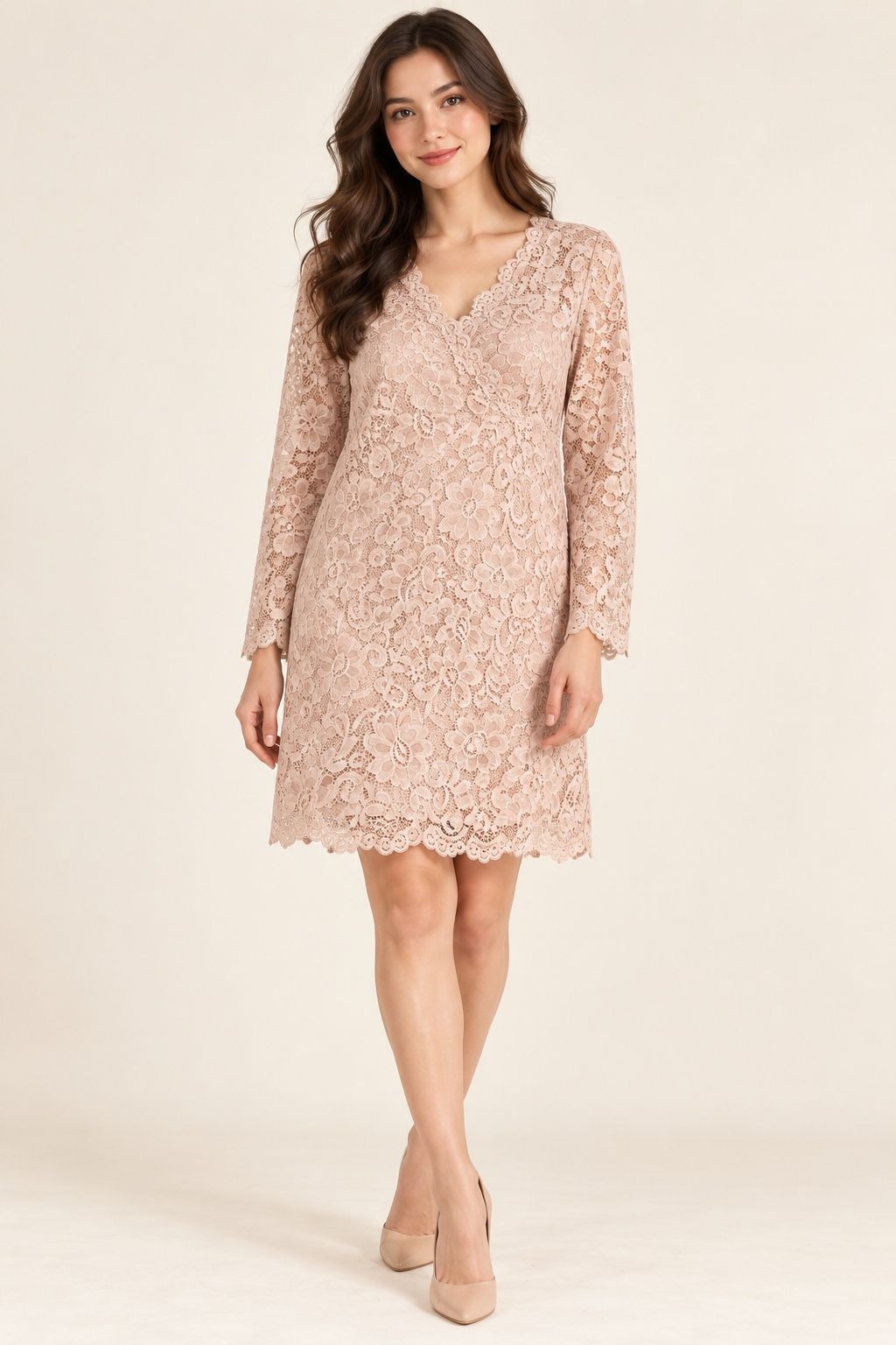 Blush Pink Floral Lace Long-Sleeve Dress