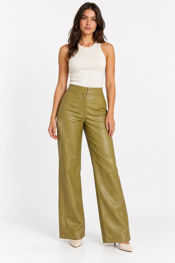 ASOS DESIGN Olive Leather-Look Wide-Leg Trousers