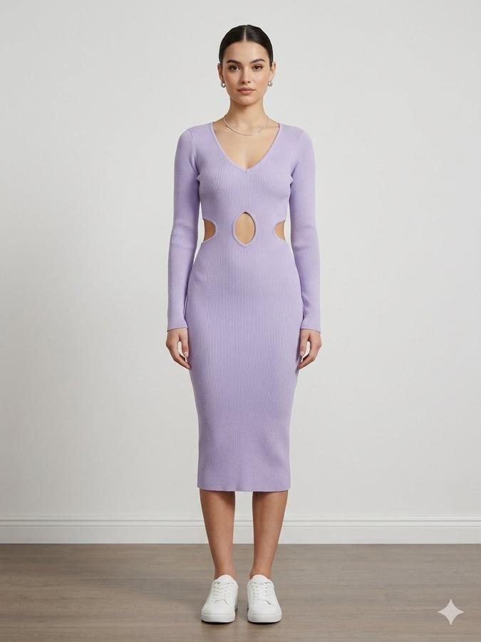Tally Weijl Lilac Ribbed Knit Cutout Midi Dress