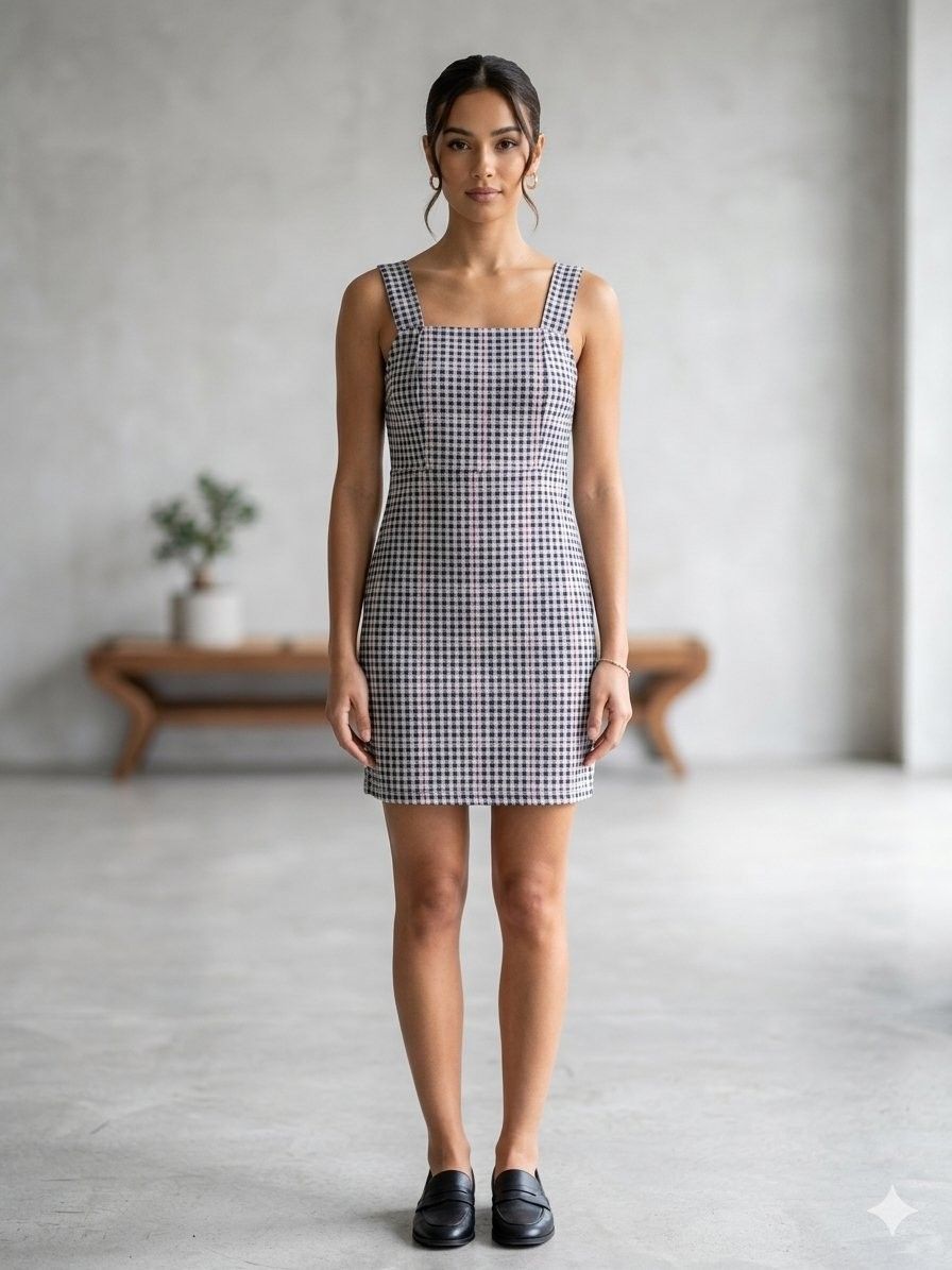 • Page One Square Neck Gingham Pinafore Dress