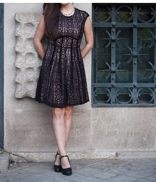 Yessica Black Lace Ribbon Detail Fit-and-Flare Cocktail Dress