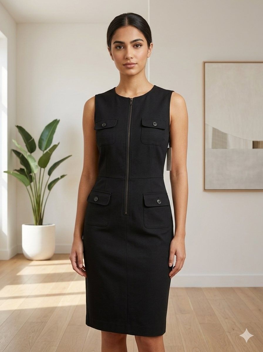 Yessica Front-Zip Sleeveless Utility Dress with Flap Pockets