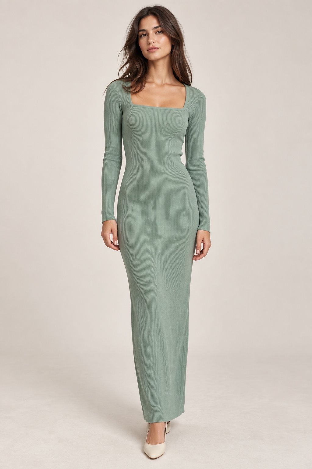 ZARA Sage Green Ribbed Knit Maxi Dress
