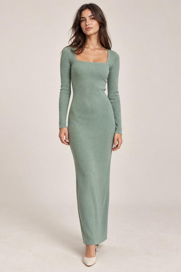 ZARA Sage Green Ribbed Knit Maxi Dress