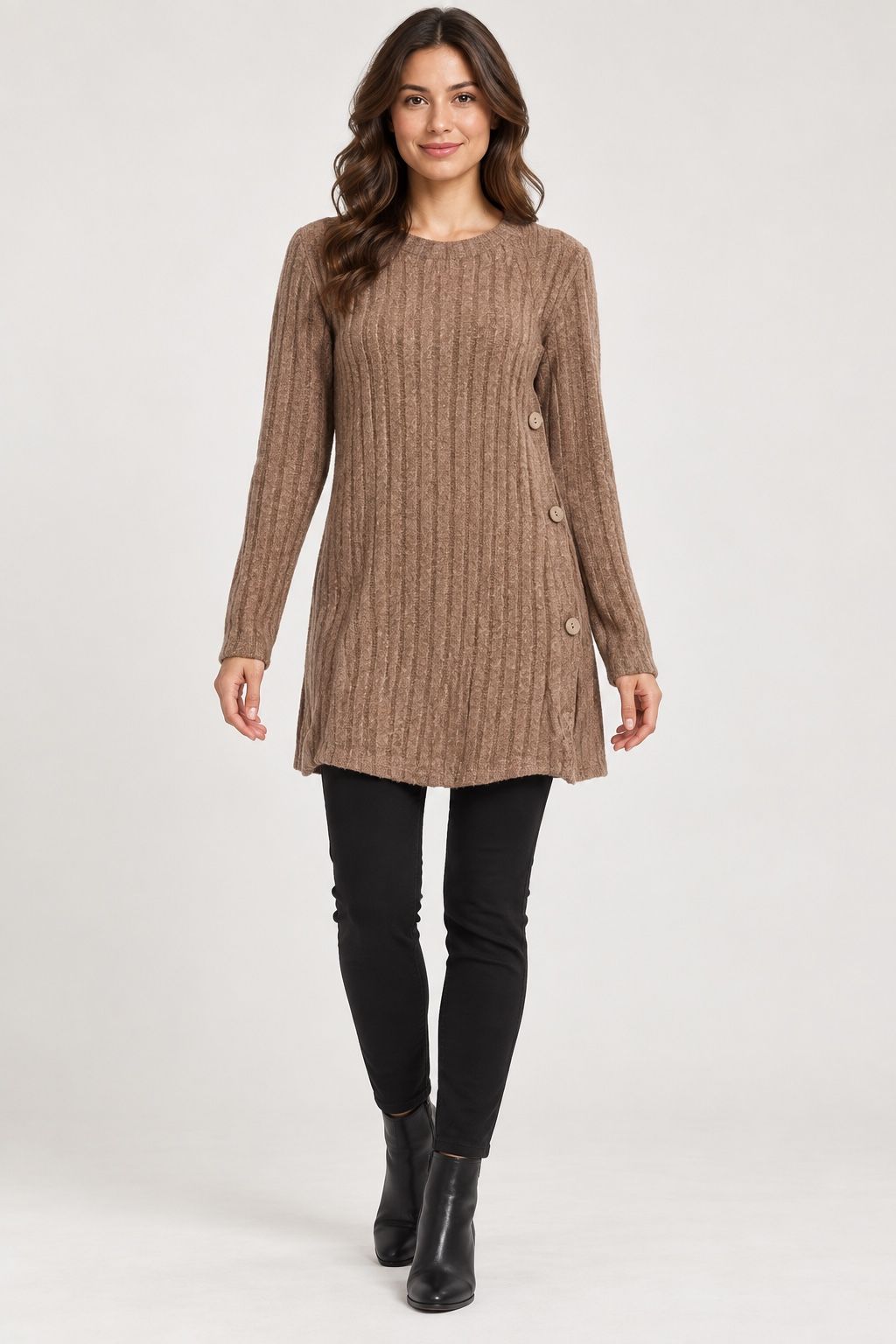 Taupe Ribbed Knit Tunic Sweater with Side Buttons