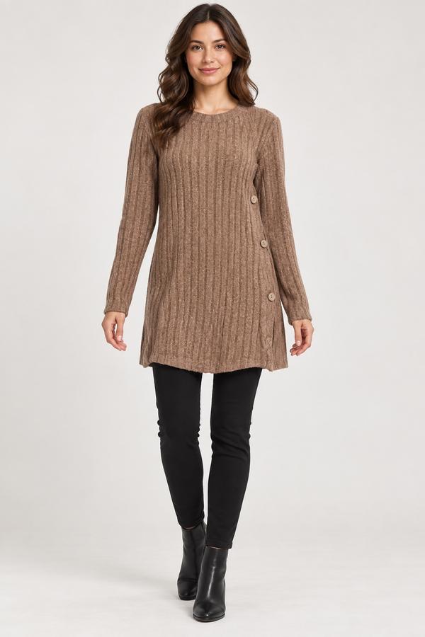 Taupe Ribbed Knit Tunic Sweater with Side Buttons
