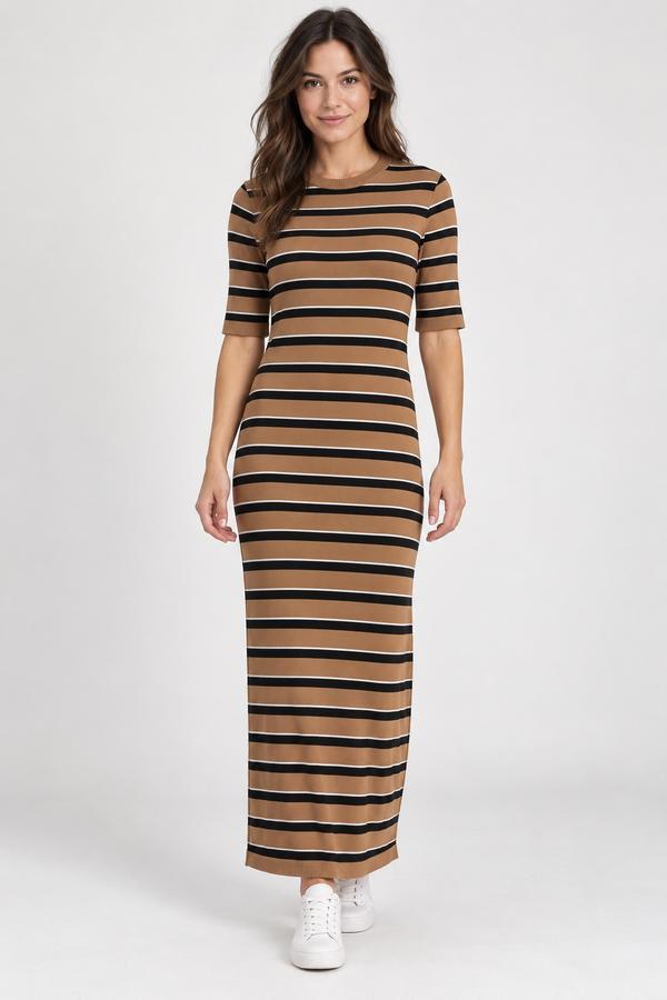 HALLHUBER Camel Striped Knit Maxi Dress
