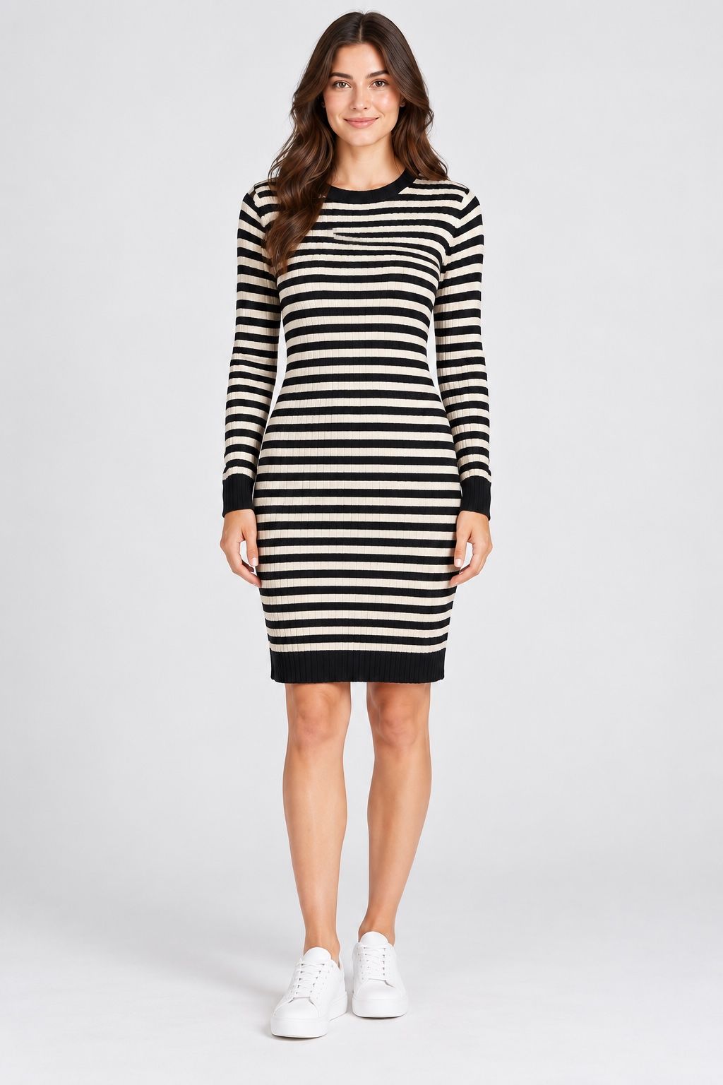 AJC Black & Cream Striped Ribbed Knit Midi Dress
