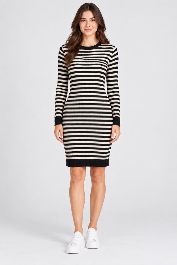 AJC Black & Cream Striped Ribbed Knit Midi Dress