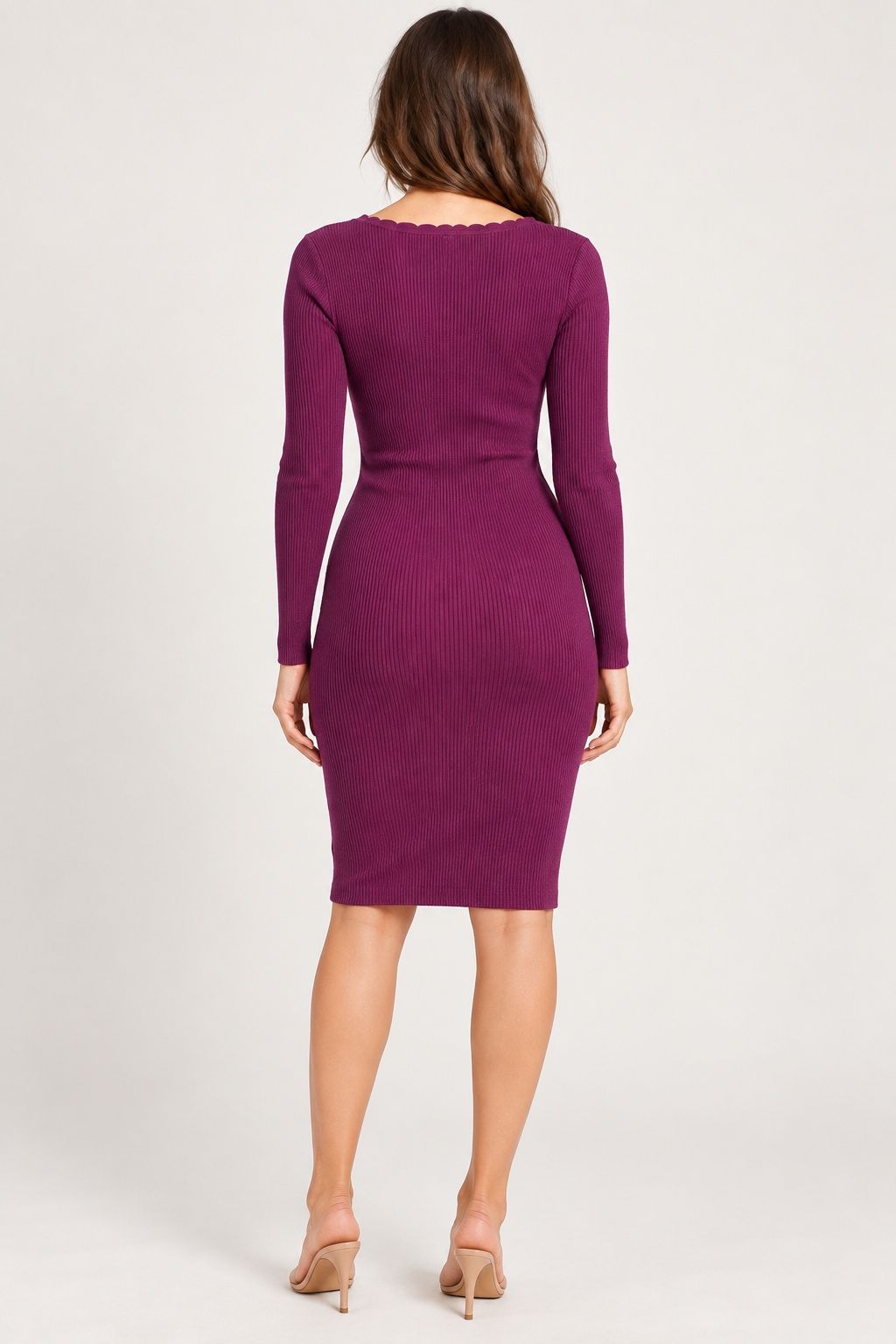 Golden Line Plum Ribbed Knit Dress with Scalloped V-Neck, photo 2