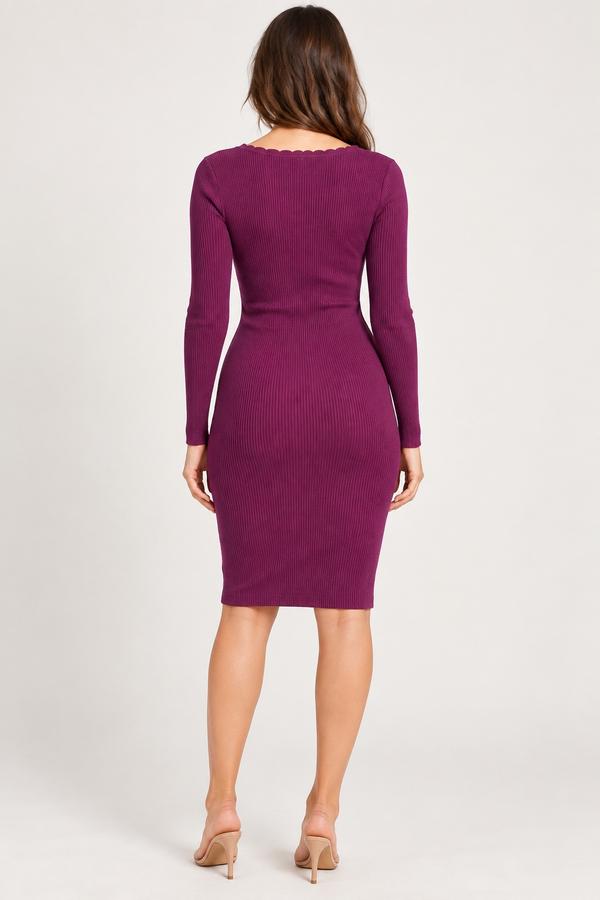 Golden Line Plum Ribbed Knit Dress with Scalloped V-Neck, photo 2